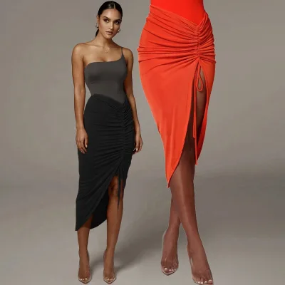 Womens Asymmetrical Ruched Side Midi Skirts Latin Split Thigh Dress Hip Scarf Gypsy Clothes Bodycon Skirt
