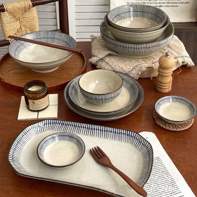 Japanese Fujian Ceramic Modern Tableware Set with Bowls Plates Platters Saucers Salad & Soup Bowls for Daily Use