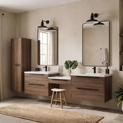 Modern Double Sink Floating Bathroom Vanity Set with Central Makeup Drawer Counter & Long Bar Pull Handles & Tall Linen Cabinet