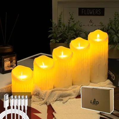 5 Piece USB Rechargeable Flameless LED Pillar Candle Set with Flickering Flame for Wedding Restaurant Home Decor