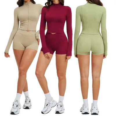 Spring Sports Set Bare-Skin Feel Zipper Fashionable Casual Set Long-Sleeve Top & Shorts Fitness Running Sports Set