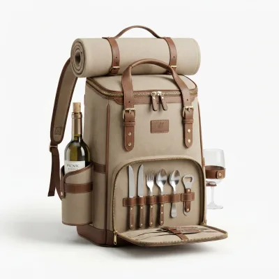 Large Capacity Portable Picnic Backpack Set with Cutlery Compartment Wine Bottle Holder Blanket Polyester for Outdoor Camping