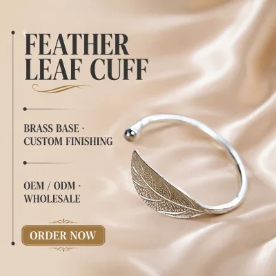 Custom Feather Leaf Open Cuff Bracelet Silver Plated Brass Adjustable Bangle Jewelry Manufacturer OEM ODM Wholesale