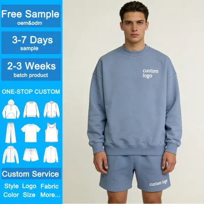 Men Short Sets Custom Print Custom Logo Light Blue 2 Piece Fleece Relaxed Fit Casual Streetwear Tracksuits