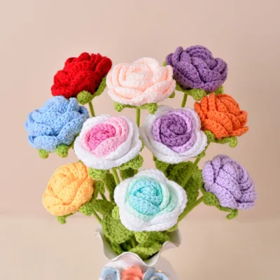 Handmade Realistic Woven Rose Artificial Flower Bouquet DIY Yarn Crochet for Valentine's Day Finished Handmade Self-Made Rose