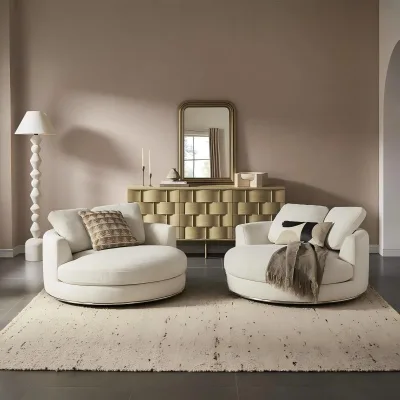 Beige Bouclé Oversized Round Swivel Accent Seat Curved Armrest Lazy Single Sofa Pillow Living Room Bedroom Leisure Couch