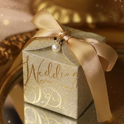 Wedding Candy Box Favor Gift Box European Vintage Elegant Gold-stamped Lettering Ribbon Pearlescent