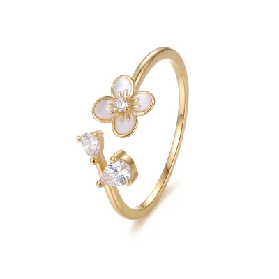 925 Sterling Silver Ring White Flower Shape Adjustable Open Gold Plated Zircon Knuckle Finger Rings Fashion Jewelry for Women