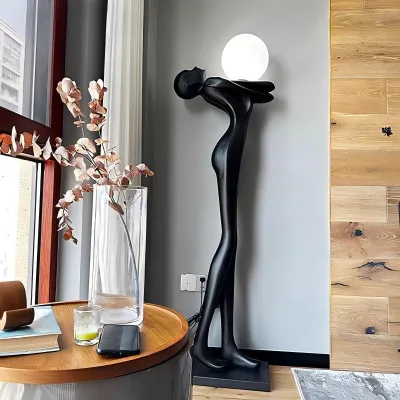 Sculptural Black Resin Floor Lamps with LED Sphere Clusters - Museum-Quality Lighting Art for Luxury Interiors