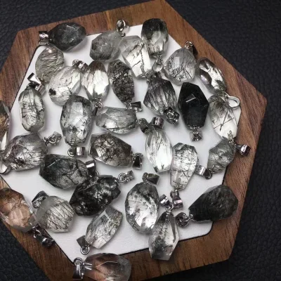 Kindfull High Quality Natural Crystal Healing Stone Black Rutilated Quartz Pendants 925 Sliver Crystal Pendants