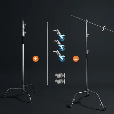C Stand Metal Max Height 130"/330cm Adjustable Reflector Stand with 50"/128cm Holding Arm and Grip Heads With Wheels for Studio