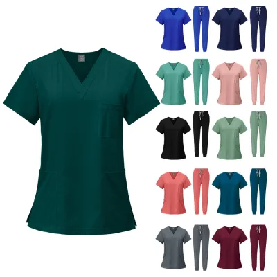 Scrub Suit Stretchable Breathable Hospital Uniforms Set Women Short Sleeves Straight Nursing Scrubs Uniforms Polyester Spandex