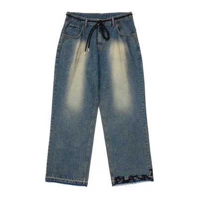 Waist with Drawstring Five Pockets Style Vintage Wash Blue Frayed Hem Men's Stacked Sprayed Logo Key Ring Denim Pants