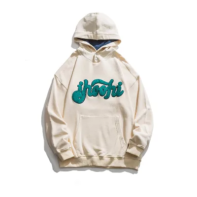 Custom logo Embroidered Chenille Patch Hoodies Sweatshirt French Terry Beige Plain Embroidery Hoodie No String for Men