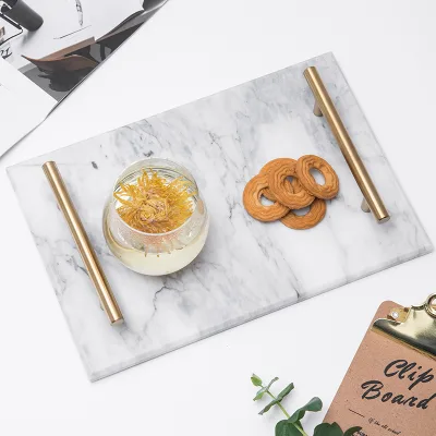 Modern Fine Marble Decorative Tray With Gold Handle Vintage Design Style for Hotel and Restaurant Use