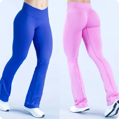 Women High Matte Nylon Seamless Fitness Pants Front V Waist Hugging Flared Straight Leg Regular Length Sporty Workout Activewear