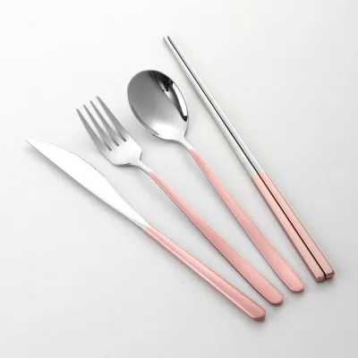 White and Gold 304 Stainless Steel Cutlery Set Spoon Fork Knife Reusable Sustainable Dinnerware Sets Korean Design for Hotel Use