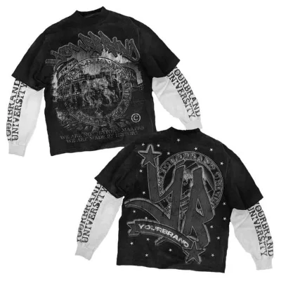 Custom Luxury Hip Hop Rock Graphic Double Layer Long Sleeve Knitted High Street T-Shirt Fashion Neck Plus Size 100% Cotton DTG