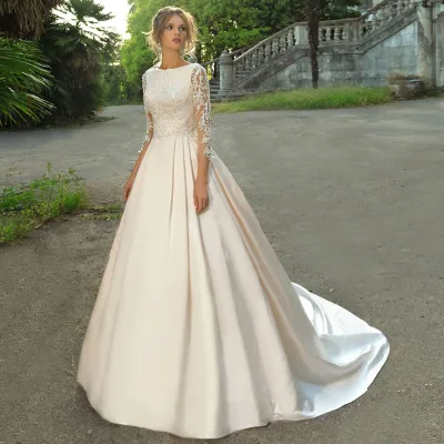 2021 Sexy Illusion Ball Gown Weddding Dresses Draped Appliqued Elegant Three Quarter Sleeve Button Floor Length Bridal Gowns