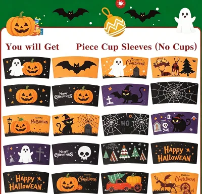 Mixed Style Halloween Printed Paper Cup Sleeves Thick Disposable Anti-Scald Coffee Cup Wrap Pumpkin Ghost Bat Black Cat