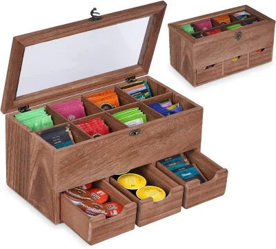 Rustic Wooden Tea Box with 8 Compartments and 3 Drawers Rectangle Shape Bag Organizer Storage for Tea & Coffee Bags