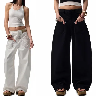 Black and White Distressed Curved Knife Denim Jeans for Women Vintage Asymmetrical Deconstructed Low-rise Regular Fit Pants
