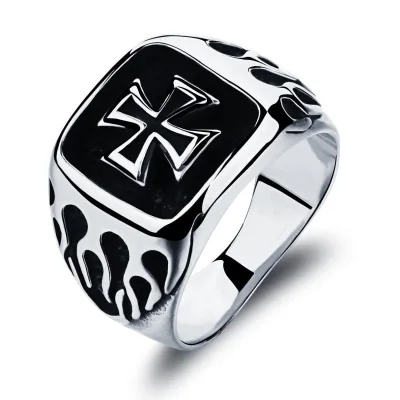 Vintage Gothic Punk Rock Flame Cross Finger Ring Men