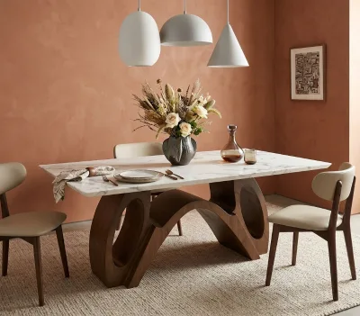 Luxury Marble Top Dining Table, Creative Hollow Curved Wooden Leg Dinner Table Modern Dining Furniture for Home Villa Restaurant