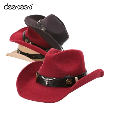 Linglong Custom Party Mexican Adult Hard Hat Summer Red Leather 100% Wool Felt Cowgirl Hats for Men Women Unisex Cowboy Hats
