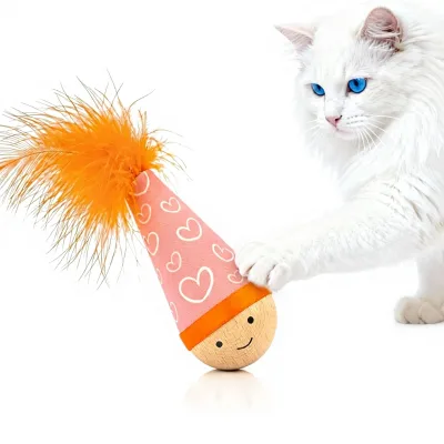 Lulu's World Niuniu Wooden Cat Toy-Catnip-Free Self-Righting Wobble Tumbler Feather Teaser Silent Interactive Self-Play Indoor