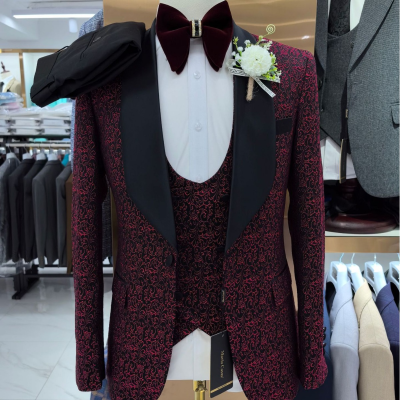China Factory Plus Size Man Suit 3-Piece Burgundy Groom Tuxedo with Breathable Waterproof Features 3 Pcs Wine Red Pants Suits