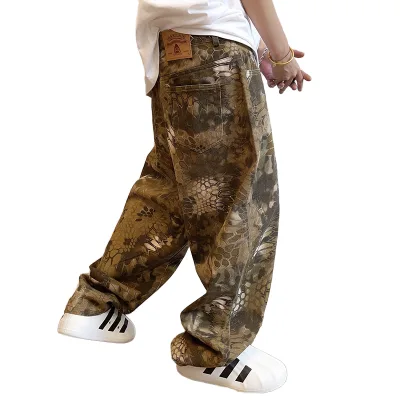 American Retro Snakeprint Camouflage Jeans Men's Outfit High-Quality Loose Straight Wide-Leg Pants Scimitar Harem Pants
