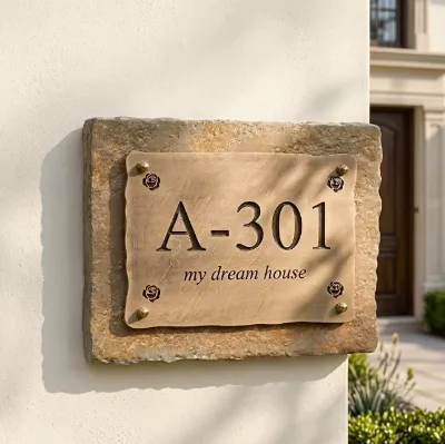 Custom Antique Brass Sign Plat Premium Coarse Stone Base House Number Personalized Door Nameplate Hotel House Room LED Water