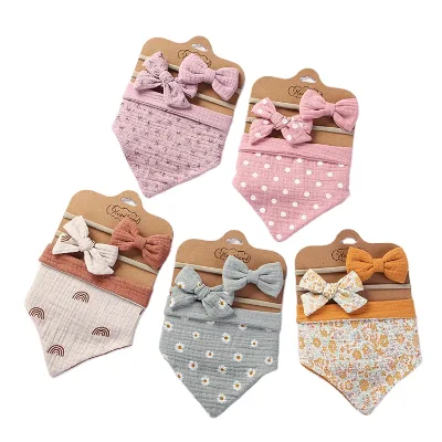 Matching Bib and Bow Set, Bandana Muslin Bib and Bow Headband Set, Baby Girl Gift Set