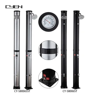 Cyen Solar Showwer with Integrated Thermometer Black Round Shower with Foot Shower with Garden Hose Outdoor Garden Shower