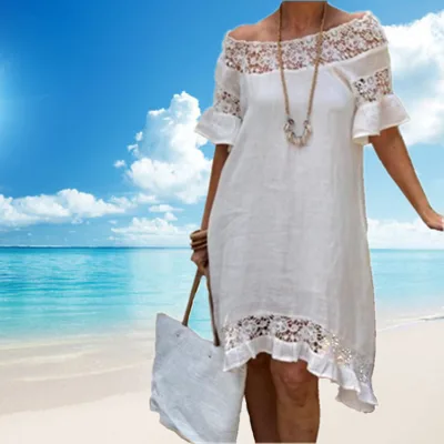 New Casual Fashion Dress White Lace Ruffled Short Sleeves Hollow