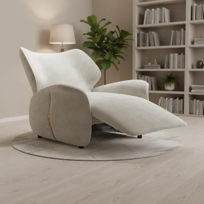 Sculptural Recliner Armchair Velvet Fabric Wingback High Back Integrated Footrest Gold Button Rounded Arms Living Room Fauteuil