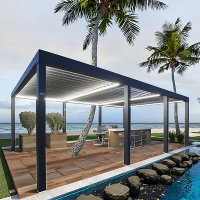 Customized Size or Ready to Ship Kits Pavilion Louver Roof Led Light Aluminium Structure Bioclimatic Outdoor Pergola Kit