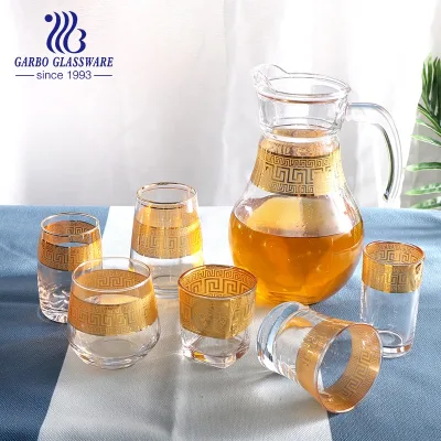 Middle East Luxury Style Customized Gold Decal Drinking Glass Pitcher Pot Kettle Water Jug Set Gourd Glass Jug with Half-handle