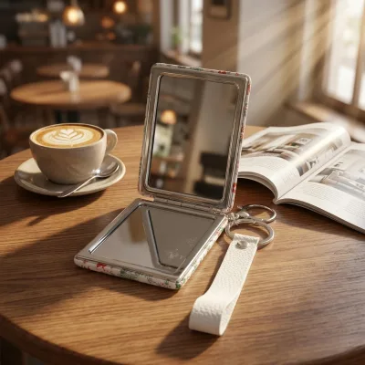 LG-M6080 New Birthday Christmas Double-sided Foldable Flower Keychain Pu Leather Pocket Size Travel Makeup Mirror Modern