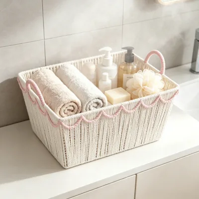 Multifunctional Eco-friendly Rectangle Paper Rope Woven Storage Basket Three-piece Set with Handles Living Room Bathroom Use