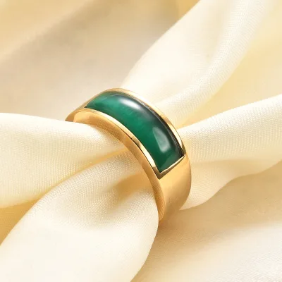 Retro Cat's Eye Stone Ring Emerald Green Simple Natural Stone Stainless Steel Waterproof Ring Wholesale Women's Ring