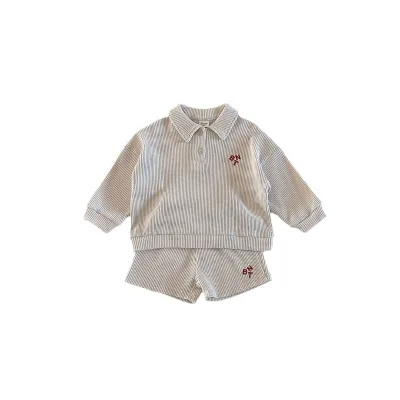 2023 Fashion Toddler Baby Sports Clothes Set Waffle Shorts+Long Sleeve Top Two Piece Set for Kids Boys Girls