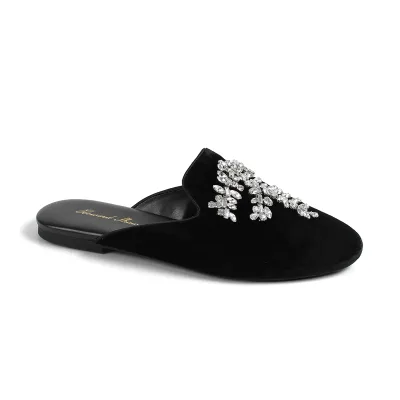 2025 Women Shoes Manufacturer Flat Mule Shiny Diamond Black Velvet Mules Slippers Custom Pattern Mules Shoes With Logo