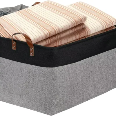 Foldable Fabric Clothing Storage Basket Home Daily Use Black & Gray Extra-Large Size Leather Handles Soft Lining