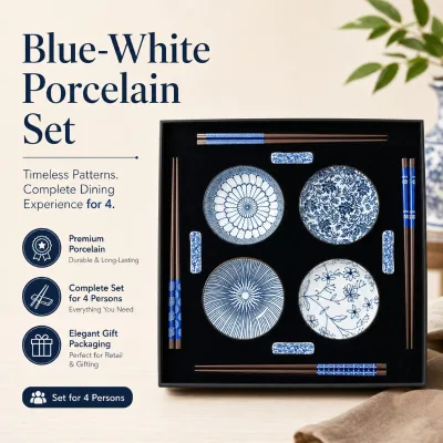 Custom Logo Blue White Porcelain Dish and Chopsticks Gift Set 4 Persons Japanese Tableware Gift Box OEM