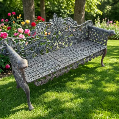 Cast Iron Garden Bench Ornate Oak Leaf Outdoor Park Bench With Animal Head Armrest Antique Metal Patio Bench for Yard Decoration