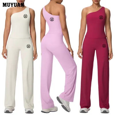 Fitness Running Women's Sports Top and Slim Yoga Loose Pants Set Asymmetric Strap Breathable Nylon Spandex Casual Comfort