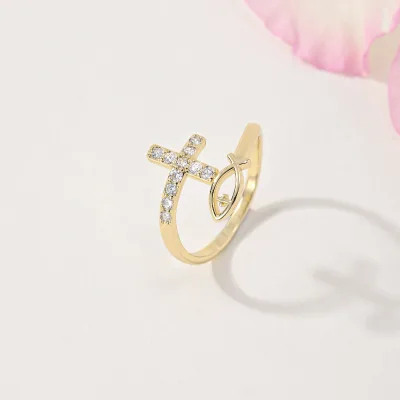 New Design Cross Ring 14k Gold Plated Opening Adjustable Fish Ring Brass Religious Zircon for Women