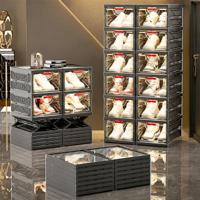 Foldable Transparent Shoe Storage Box Stackable Clear Door Sneaker Organizer Dustproof No Assembly Closet Entryway Display